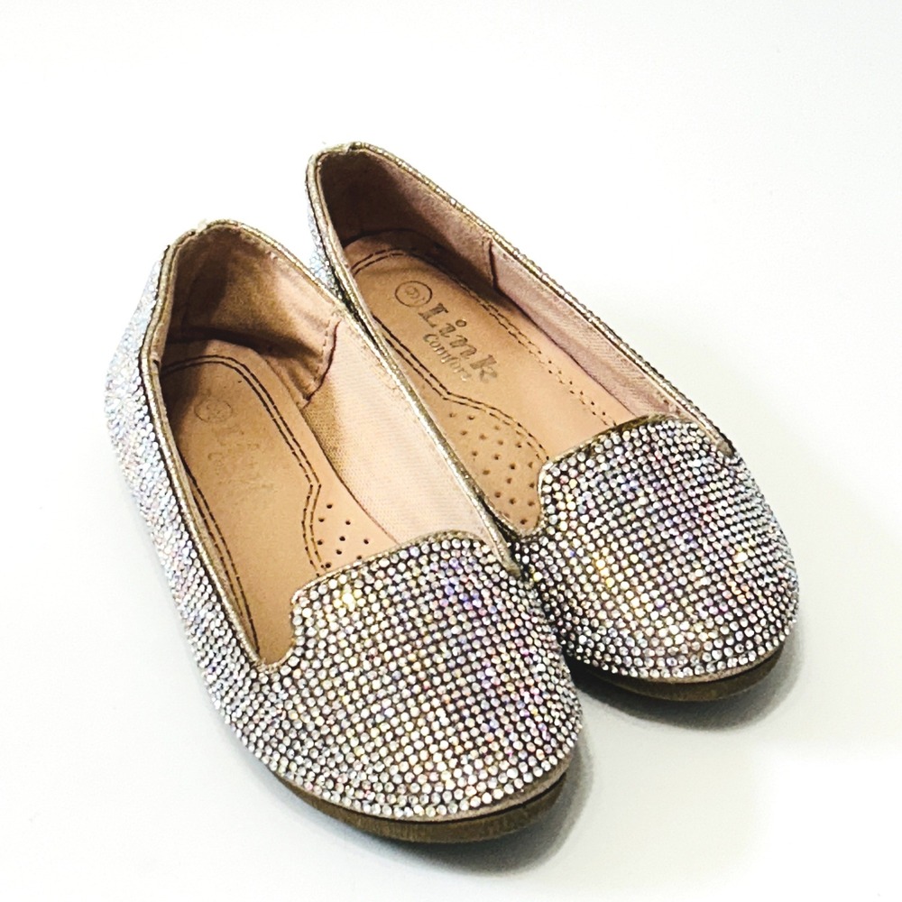 Link Comfort Girls Iridescent Rhinestone Slip On Flats Size 9 Sparkle Dance
